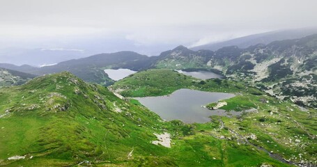 Wall Mural - seven rila lakes and waterfalls in nature of mountain range, aerial view, hiking, trekking and touri