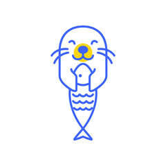 Wall Mural - seal pup catching fish cute mascot cartoon minimal abstract modern simple logo icon vector illustration