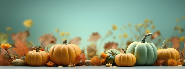 Canvas Print - pumpkins and autumn leaves on a green background