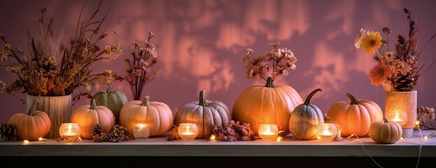 Canvas Print - pumpkins with flowers and burning candles