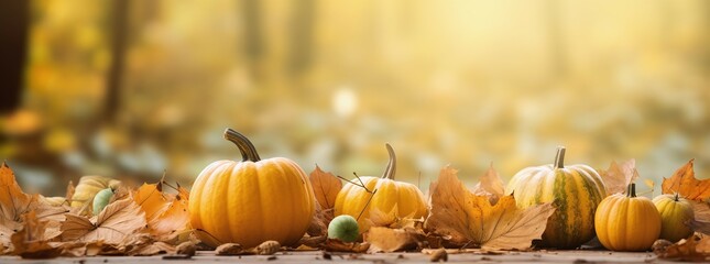 Wall Mural - pumpkins with autumn leaves background