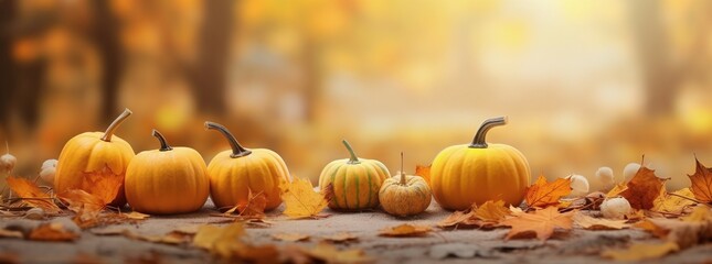 Wall Mural - pumpkins with autumn leaves background