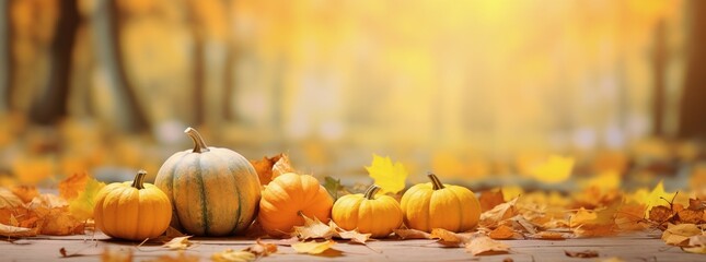 Wall Mural - pumpkins with autumn leaves background