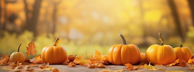 Wall Mural - pumpkins with autumn leaves background