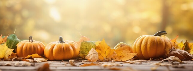 Wall Mural - pumpkins with autumn leaves background