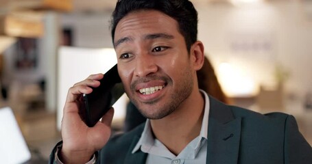 Poster - Man, office and phone call for negotiation of deal or sales in coworking space at consulting agency. Communication, networking and consultant talking on cellphone, business conversation in workplace.
