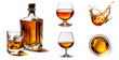 Set of brandy with bottle, glass side view and top view, splashes and drops  isolated on white background