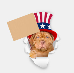 Poster - Serious Mastiff puppy wearing like Uncle Sam looking through a hole in paper and shows empty placard. isolated on white background