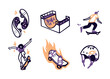 A set of stickers on a white background about skateboarding and street culture. Spinning skateboards, ramp, pushing skateboard, on fire, safety helmet. Vector simple outline style.