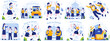 Illustration Set of Back to School. Cute School Boy and School Girl. Students are happy to go Back to School. Flat-style vector illustration