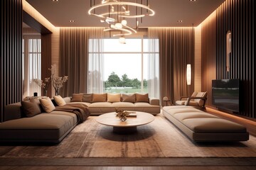 Sleek Living Room Sanctuary with Designer Furniture, High Ceilings, and Elegant Decorative Accents..