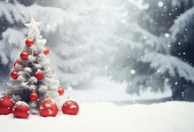 Ai Generative. Beautiful  Christmas Snowy Background. Christmas Tree Decorated With Red Balls  In Forest, Copy Space