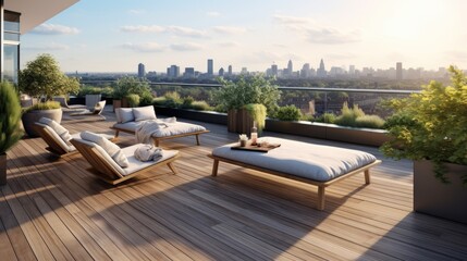 Poster - Minimalist rooftop terrace with sleek outdoor furniture, panoramic views, and potted plants, generative ai