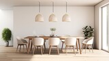 Fototapeta Londyn - Simple and elegant dining room with a wooden table, modern chairs, and pendant lighting, generative ai