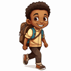 Wall Mural - simple cartoon clipart black african american boy student child going to school white background