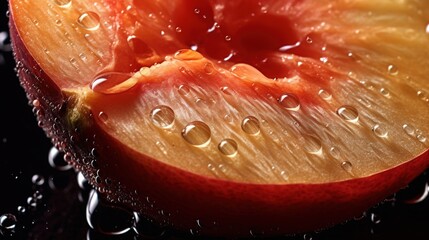 Wall Mural - Generative AI, bright slice of juicy ripe peach and water drops, macro of summer fruit