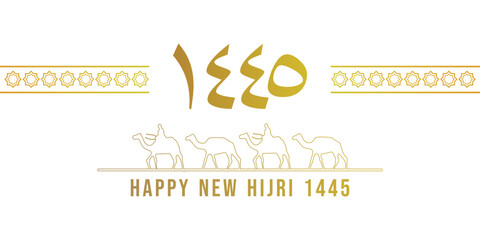 Poster - Happy new hijri year 1445 background with arabic letter, people on camel and muslim ornament. Islamic banner poster.