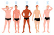 © YummyBuum - Male figures types. Different ratio of volume of chest, waist and hips, cartoon men in underwear, body proportions, schemes rectangle, triangle and hourglass, pear and round tidy png set