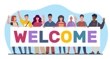 Group of diverse young men wave their hands in welcoming gesture. Happy persons hold greeting banner. Students team together. Invite poster. Cartoon flat style isolated png concept