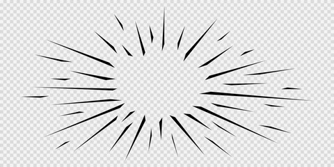 Wall Mural - Black radial lines. Boom, burst, explosion, flash rays effect in manga comic book. Surprise, attention, impact, superhero phenomenon graphic anime design on transparent background. Vector illustration