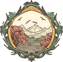 Sticker - label art nouveau landscape - square. Generative AI