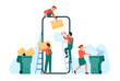 Cleaning up digital memory, email and messages delete, people move unwanted files and information to trash. Huge smartphone and tiny men and women, cartoon flat isolated png concept
