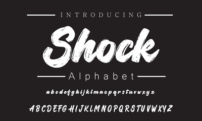 Shock Lettering font isolated on black background. Texture alphabet in street art and graffiti style. Grunge and dirty effect.  Vector brush letters.
