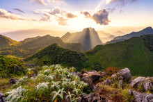 View From The Top Of Doi Luang Chiang Dao In The Evening Before Sunset. Overlooking Doi Sam Phi Nong, Forest, Green Mountains The Sunrise, The Wonderful House Light, Is A World Heritage Site Of Thai