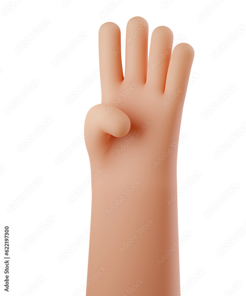 Human hand showing four fingers over isolated white background. Counting number 4, the fourth part. Hands gesture numbers. 3d rendered illustration