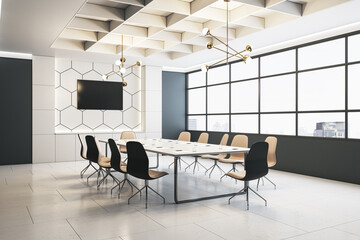 Poster - Perspective view of modern meeting room with tile floor and window with city view on background. 3D Rendering