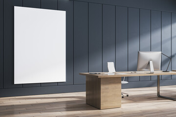 Poster - Modern coworking office interior with empty white mock up banner, wooden flooring, blue walls, furniture and sunlight. 3D Rendering.