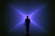© Who is Danny - Conceptual image of businessman silhouette on bright blue lines background. Success, metaverse and direction concept.