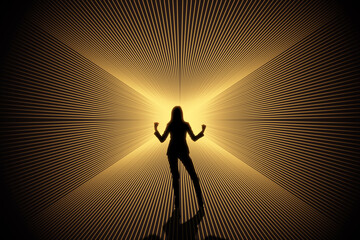 Conceptual image of businesswoman silhouette on bright lines background. Success, metaverse and direction concept.