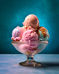 Wall Mural - Delicious sweet, juicy ice cream in a cup. Ice cream scoops of a refreshing, icy dessert on a dark background. Illustration. Generative AI.