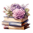 Chic vintage book stack with peonies watercolour purple lavender illustration , Isolated PNG