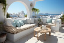 Close-Up Of Luxurious Lounge On A Traditional Greek Island Terrace With A Stunning Sea View.