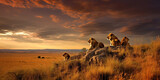 Fototapeta Big Ben - Wild lions in the African savannah at sunset. Generative AI