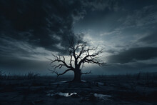 Silhouette Dead Tree On Dark Dramatic Sky And White Clouds Background For Death And Peace