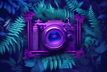 Purple Neon Frame With Camera In Center On Leaves Surrounded By Ferns, Luxury Geometry Style, High Contrast Shots