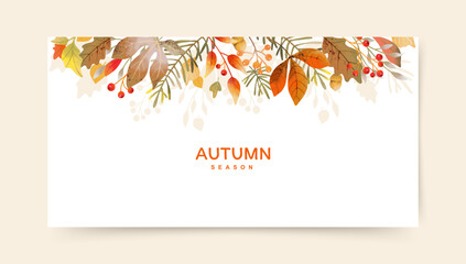 Wall Mural - Autumn watercolor vector border with leaves, branches and berries, isolated on a white. Fall season background