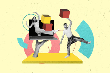 Poster - Photo collage artwork picture of funky couple playing game apple samsung modern device isolated graphical background