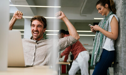 Sticker - Group of happy multiethnic business people having fun and chatting at workplace office