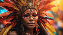 A Captivating Portrait Of A Woman With An Elaborate Headdress, Exuding The Energy And Enthusiasm Of The Brazilian Carnival, Surrounded By A Kaleidoscope Of Colors. AI Generated