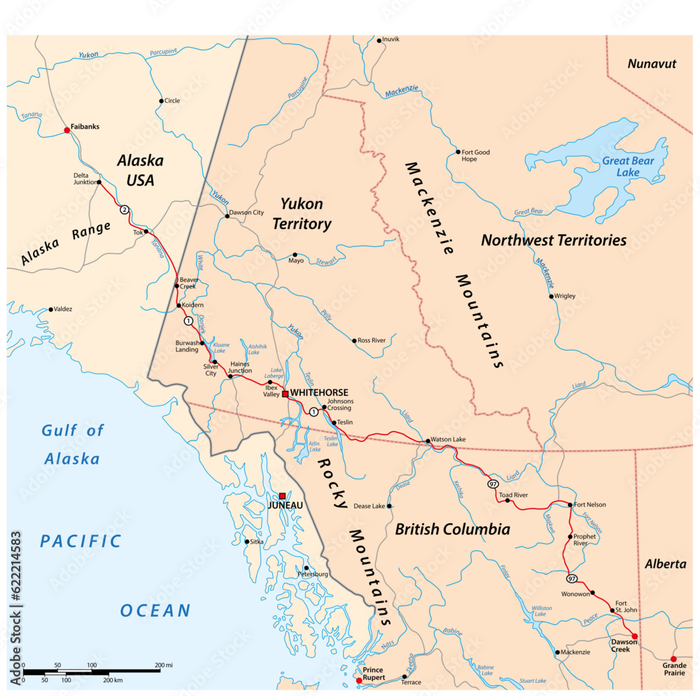 Vektor Vector road map of the Alaska Highway from Delta Junction to ...