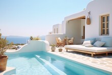 Luxurious Poolside Living In Oia, Santorini With A Breathtaking Sunset Sea View Seen Through Traditional Wooden Doors