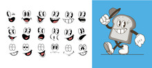 Set Of 1930s Vintage Cartoon Mascot Face With Different Expression, Vector Illustration