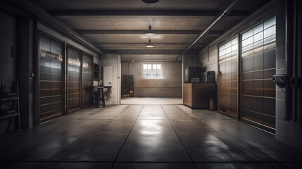Poster - Generative AI of an old factory building interior with door and windows