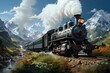 Journey through Time: A Majestic Steam Engine Chugging Along a Serene Railroad Track, Embraced by Lush Green Fields and Majestic Mountain Peaks Generative AI