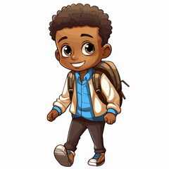 Wall Mural - simple cartoon clipart black african american boy student child going to school white background