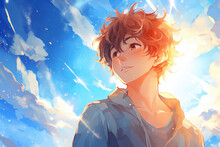 Anime-style Illustration Of A Young Man, Blue Sky Background. Generative AI